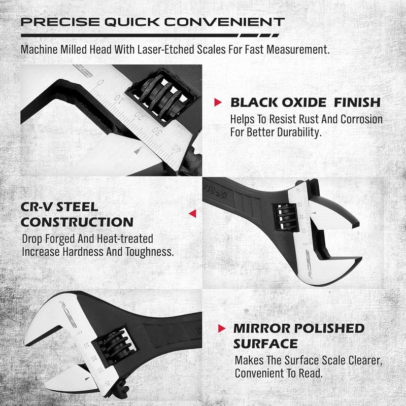 SEDY Adjustable Wrench Set Wrenches Sets: 4-Piece 6, 8, 10, 12 Inch Chrome Vanadium Steel Corrosion-Resistant Black Oxide Finish for Automotive Plumbing and Household Repairs - Image 3